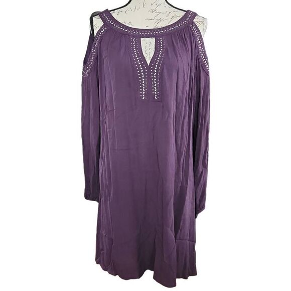 Knox Rose Women's Size Large Purple Studded Boho Cold Shoulder Shirt Dress - Picture 1 of 6